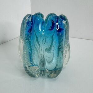 Art Glass TOZAI Home Blue & Clear Vase with Bubbles Heavy Candle Holder